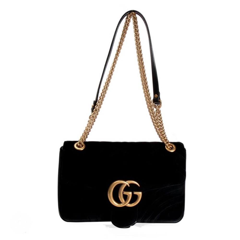 Gucci Marmont Black Velvet Shoulder Bag with Gold Accents